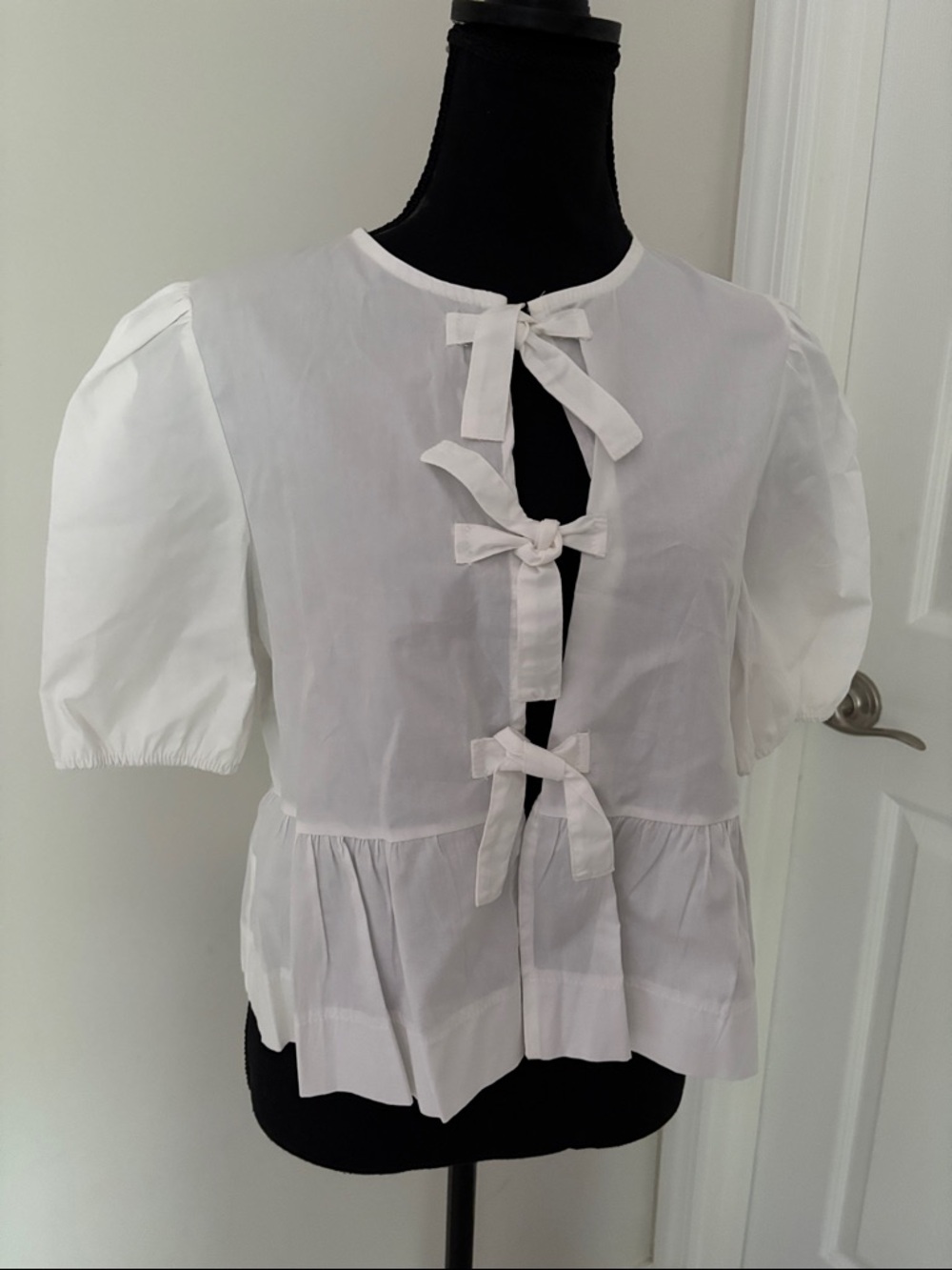 White Bow-Front Peplum Puff Sleeve Top